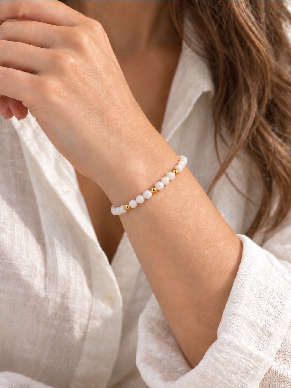 14K Gold beads with Creamy White Marbled
Stone Bead Bracelet